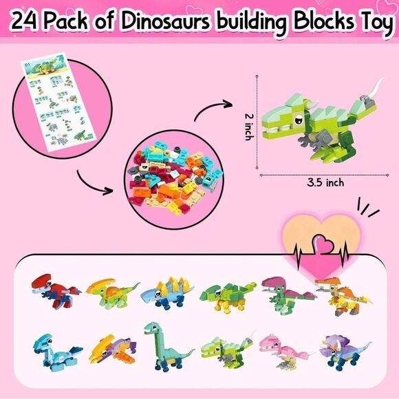 24 Pack Dinosaur Building Blocks Valentine’s Day Gifts For Kids With Stickers - Picture 4 of 8